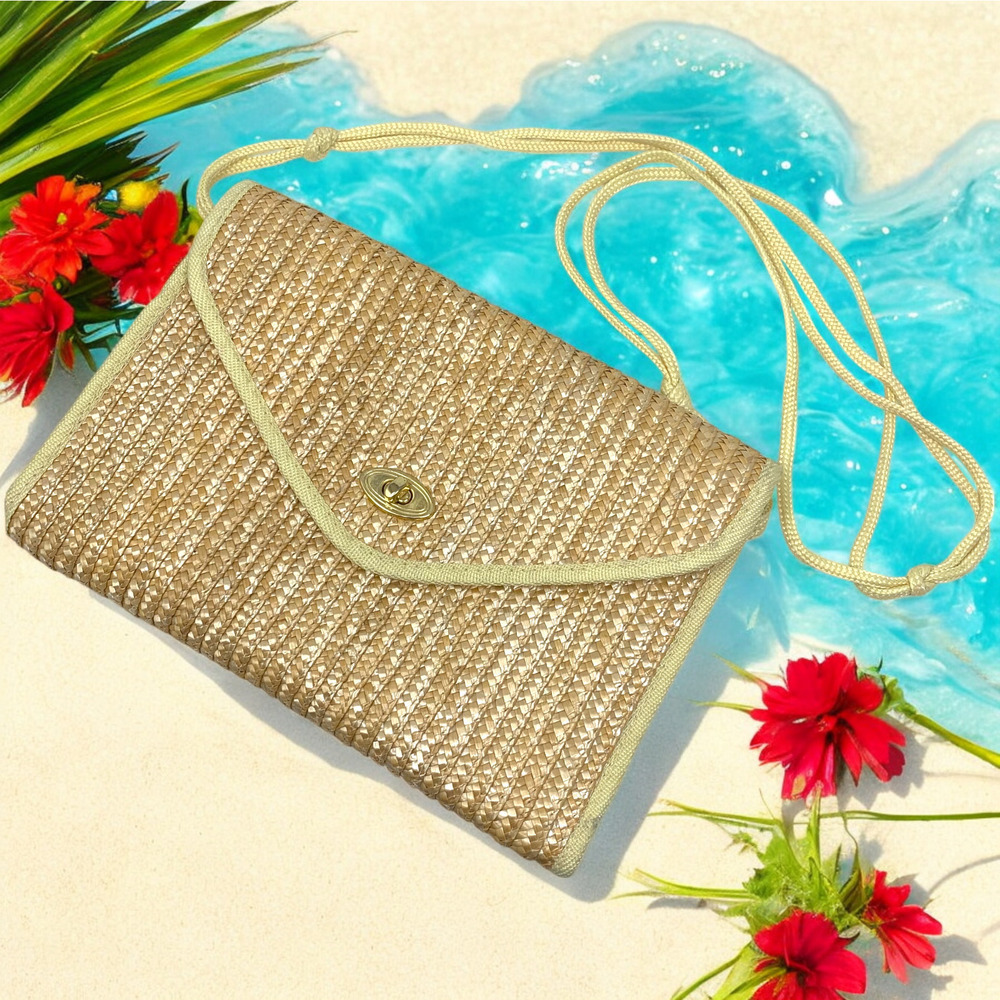 Vintage Natural Straw Raffia Convertible Envelope Turnlock Purse Bag Beachy